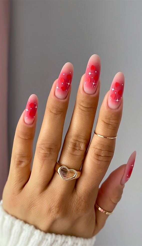 Pink Red Matte Gradient with Hearts Medium Oval Nails Pink Red Matte Gradient with Hearts Medium Oval Nails — Aura Nails