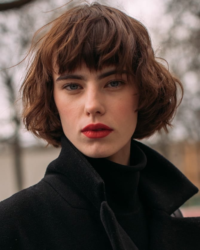 Brown Collarbone Bob With Wispy Baby Bangs