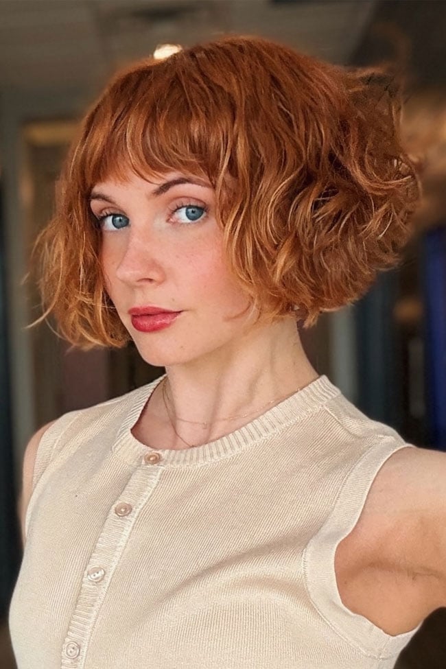 Chin Length Copper Red French Bob With Wispy Bangs — Baby Bangs