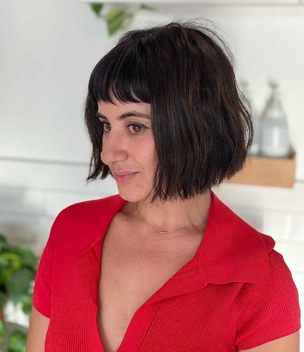 Ear Length Bob With Choppy Baby Bangs, Dark Brown