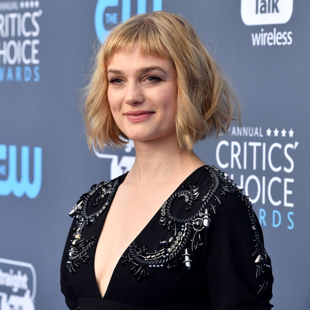 Chin Length Blonde Bob With Baby Bangs, Wavy