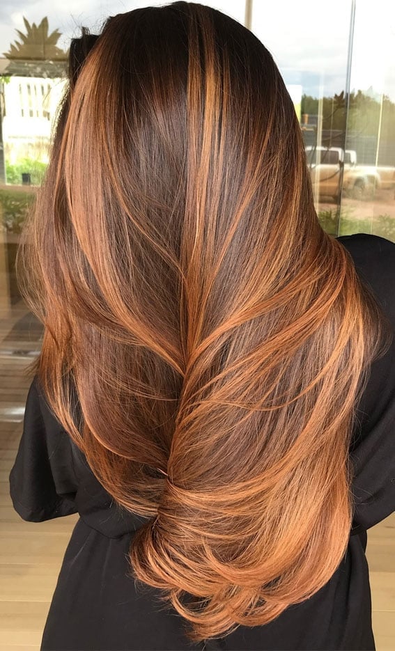 Dark Brown With Sunkissed Copper Balayage Dark Brown With Sunkissed Copper Balayage