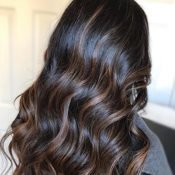 Mid-Back Dark Brown With Subtle Caramel Balayage, Showcasing A Glossy Mid-Back Dark Brown With Subtle Caramel Balayage, Showcasing A Glossy