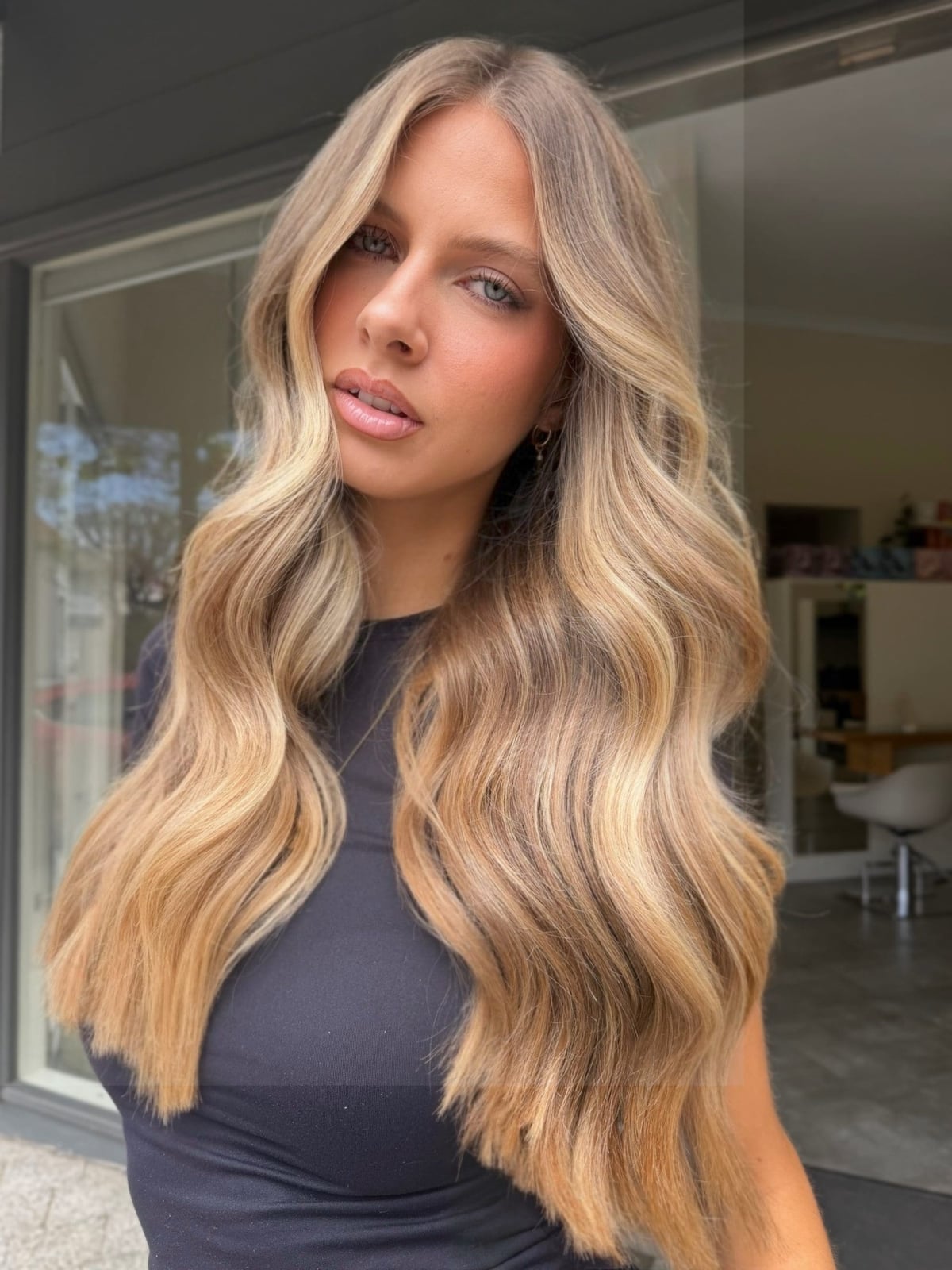 Mid-Back Dark Blonde With Honey Balayage, Face-Framing Layers Mid-Back Dark Blonde With Honey Balayage, Face-Framing Layers