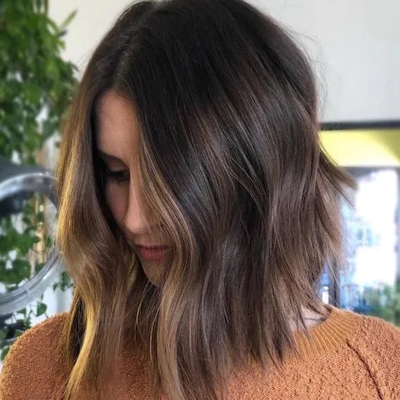 Chin Length Angled Bob With Caramel Balayage Chin Length Angled Bob With Caramel Balayage