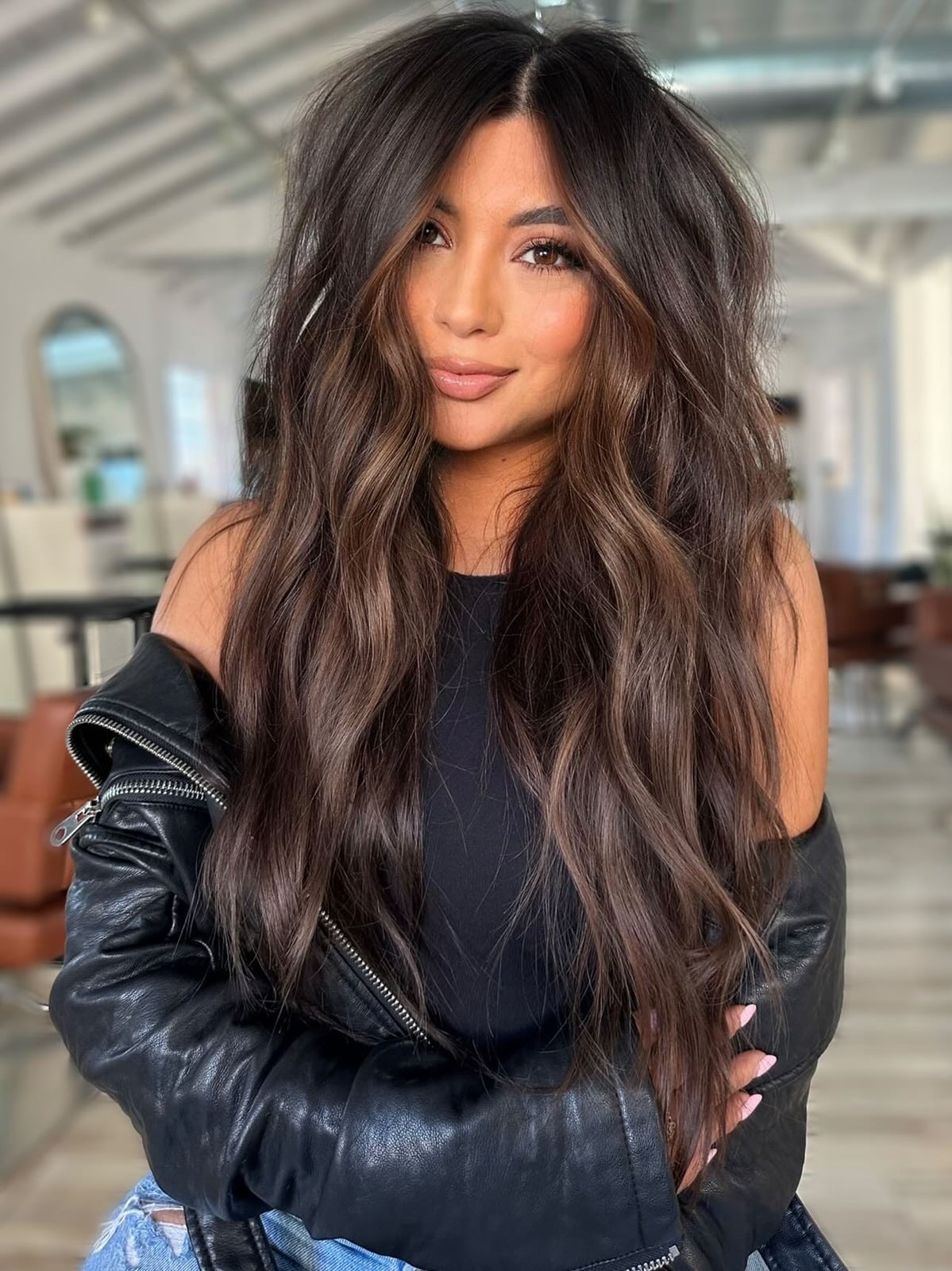 Dark Brown With Subtle Blonde Balayage, Mid-Back Dark Brown With Subtle Blonde Balayage, Mid-Back