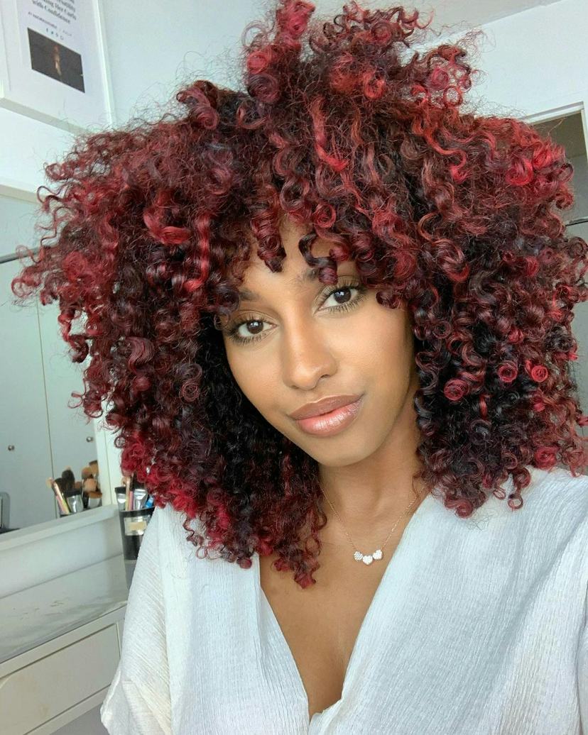 Shoulder Length Curly Hair With Honey Blonde Balayage and Curtain Shoulder Length Curly Hair With Honey Blonde Balayage and Curtain — Balayage Curly Hair