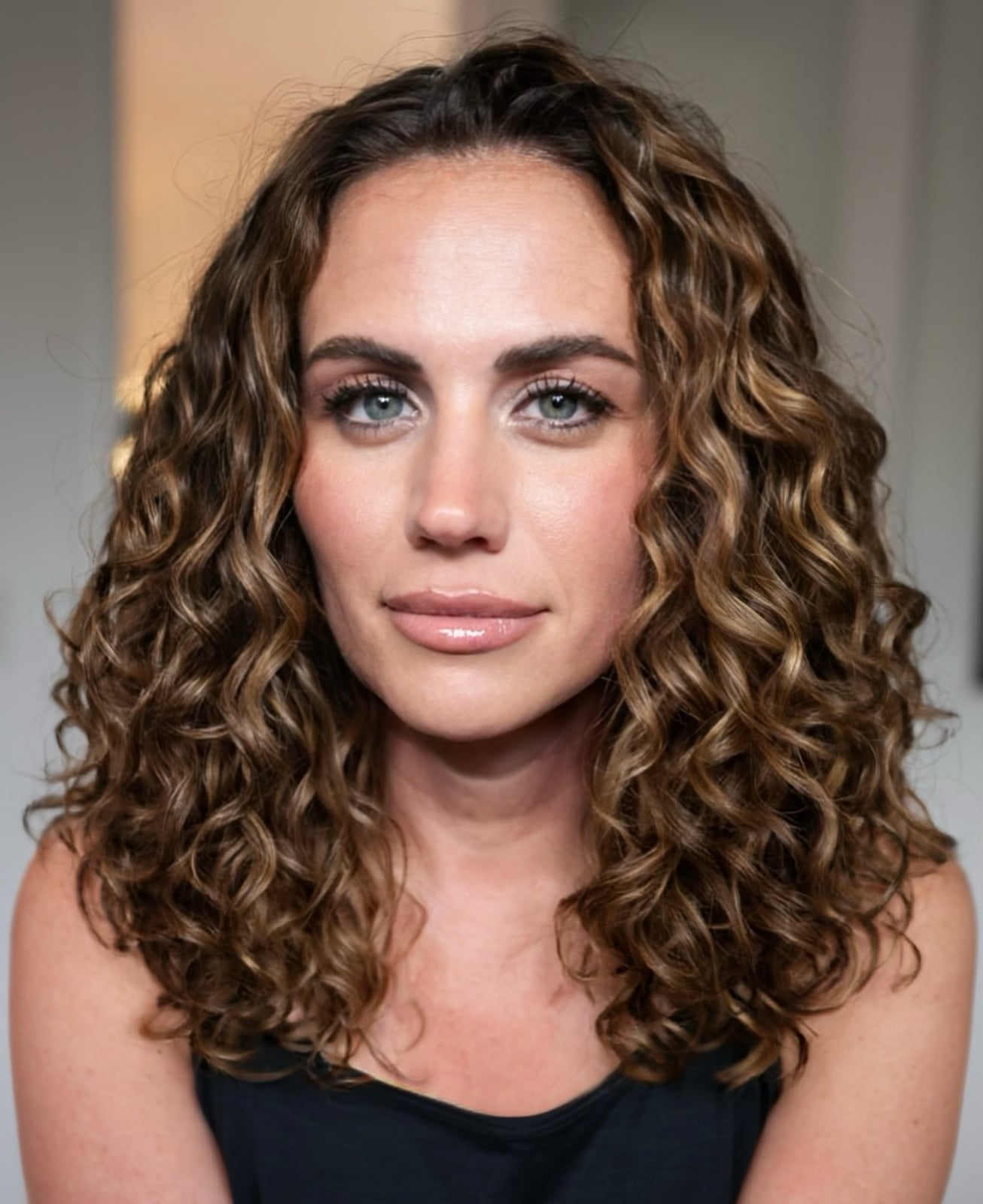 Collarbone Curly Hair With Caramel Balayage Highlights Collarbone Curly Hair With Caramel Balayage Highlights — Balayage Curly Hair