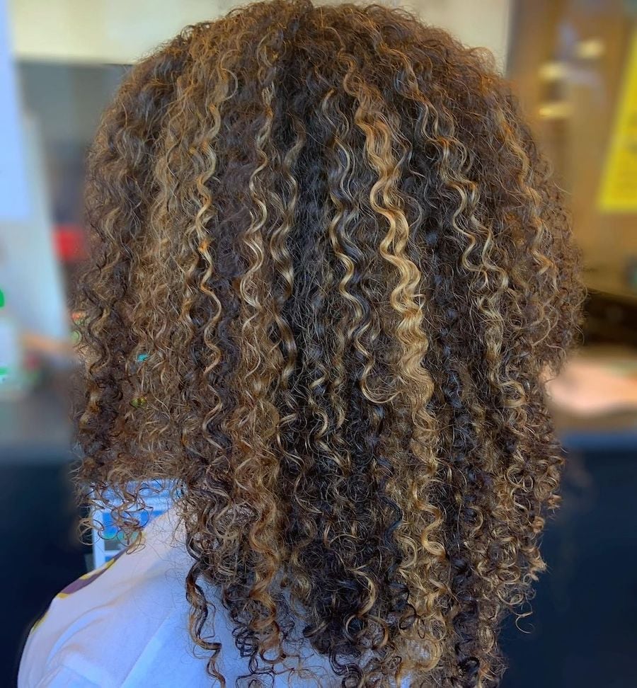 Mid-Back Curly Hair With Subtle Dark Brown Balayage Mid-Back Curly Hair With Subtle Dark Brown Balayage — Balayage Curly Hair