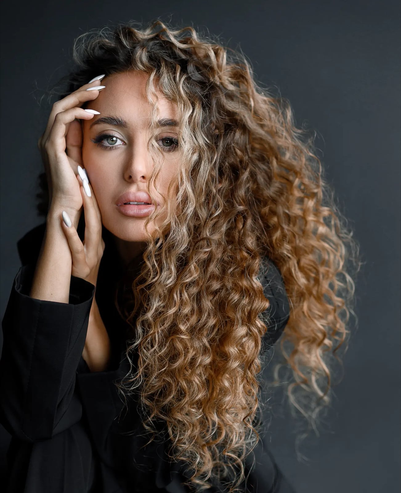 Mid-Back Wavy Curly Hair With Dark Blonde Balayage, Layers Mid-Back Wavy Curly Hair With Dark Blonde Balayage, Layers — Balayage Curly Hair