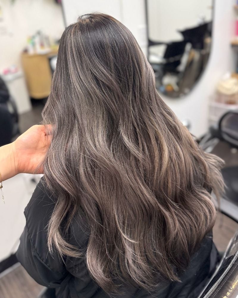 Ash Brown Balayage With Wavy Blowout Ash Brown Balayage With Wavy Blowout — Balayage on Long Hair