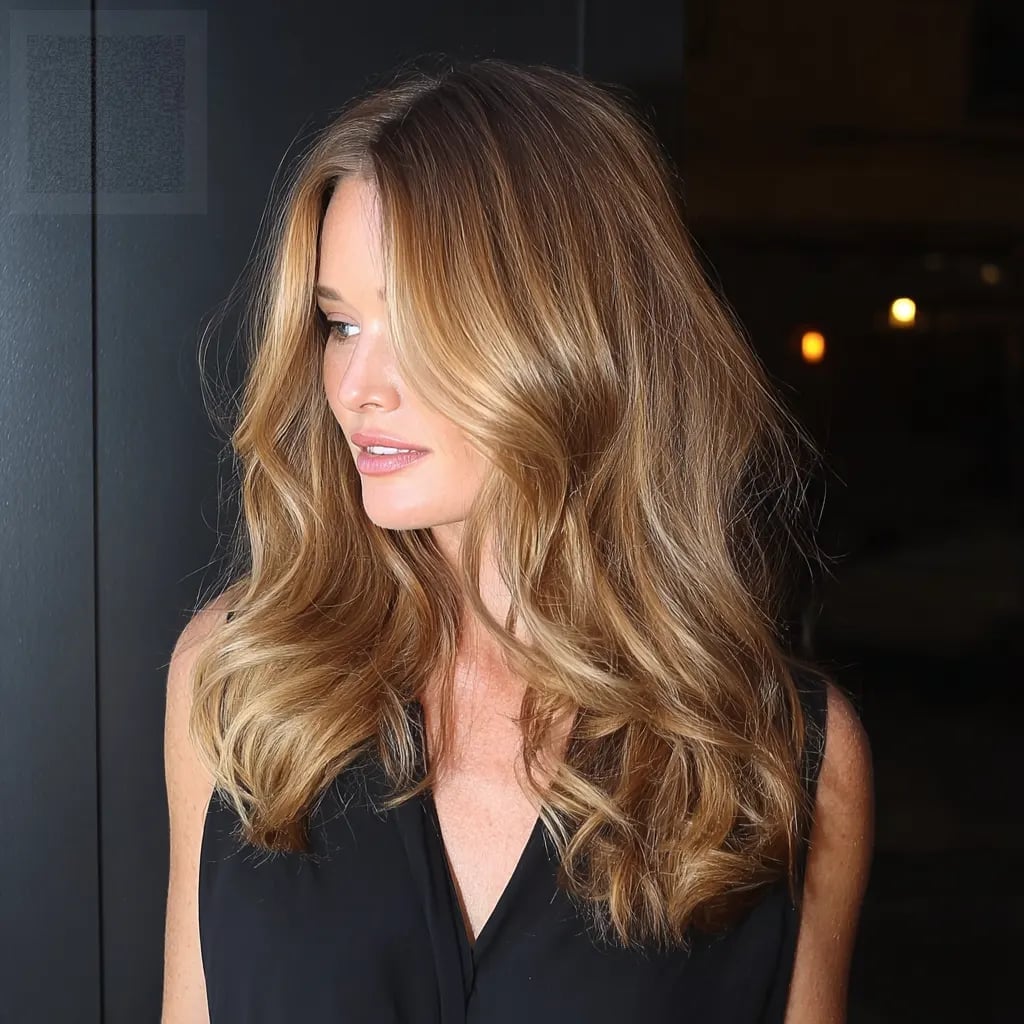 Dark Blonde Balayage With Curtain Bangs Side Part Dark Blonde Balayage With Curtain Bangs Side Part — Balayage on Long Hair