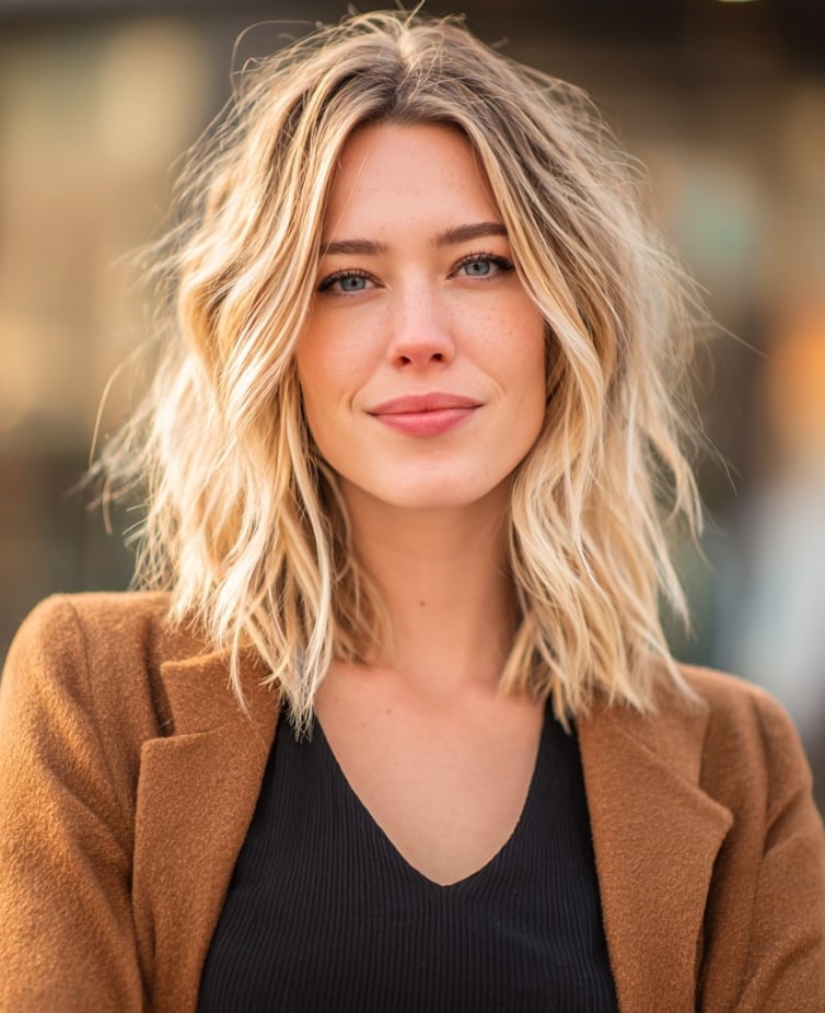 Bronde Balayage Lob With Curtain Bangs And Textured Waves — Balayage on Medium Hair