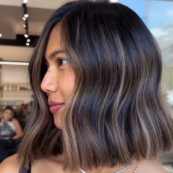 Textured Dark Brown Lob With Ash Blonde Balayage — Balayage on Medium Hair