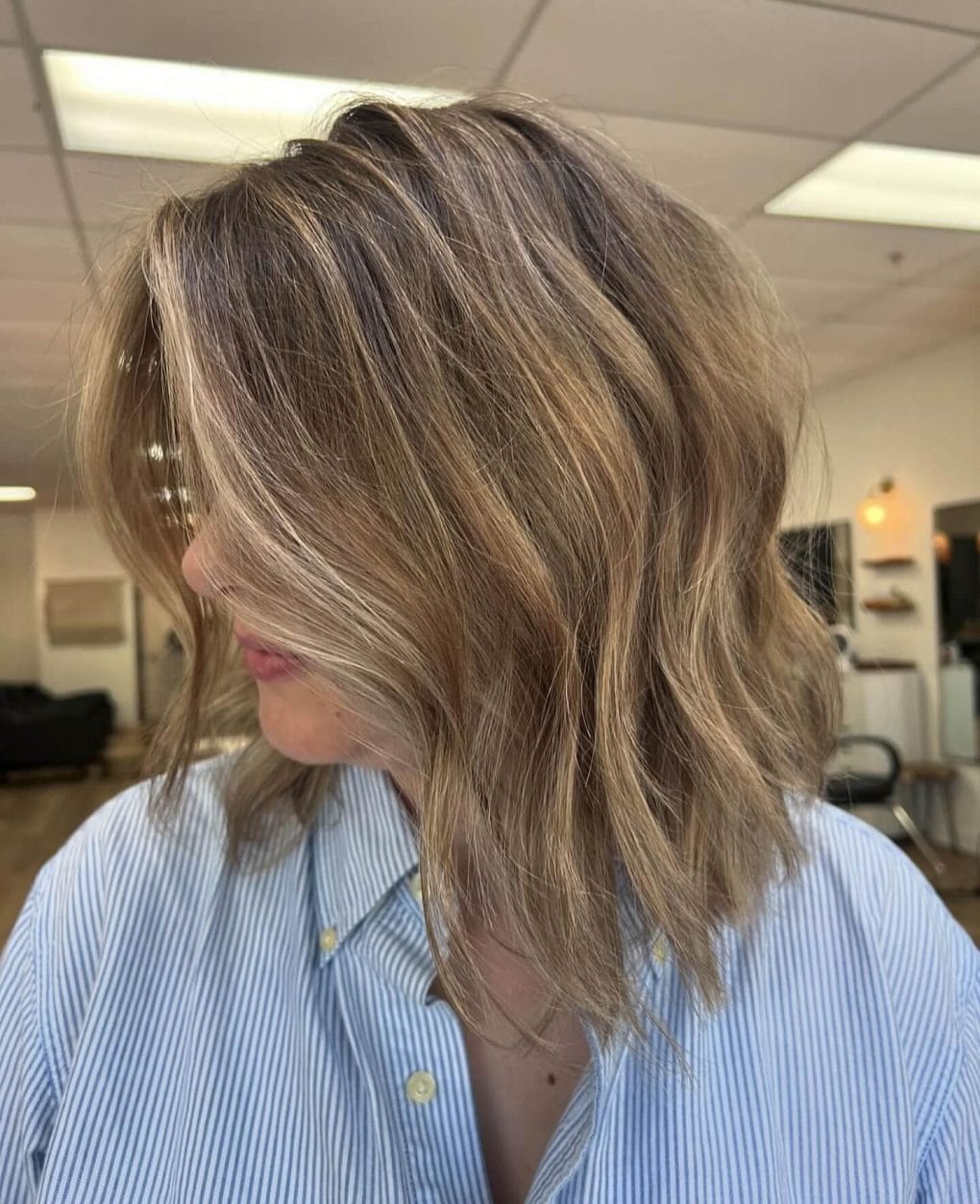 Medium Brown Lob With Warm Blonde Balayage And Curtain, Close-Up Take — Balayage on Medium Hair