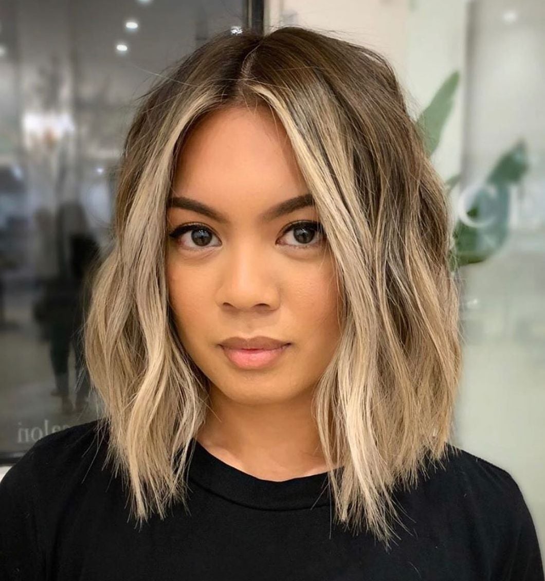 Fine Chin Bob With Ash Blonde Curtain Bangs, Wavy Blowout — Balayage Short Hair