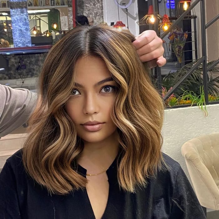 Collarbone Lob With Caramel Balayage Bangs — Balayage Short Hair
