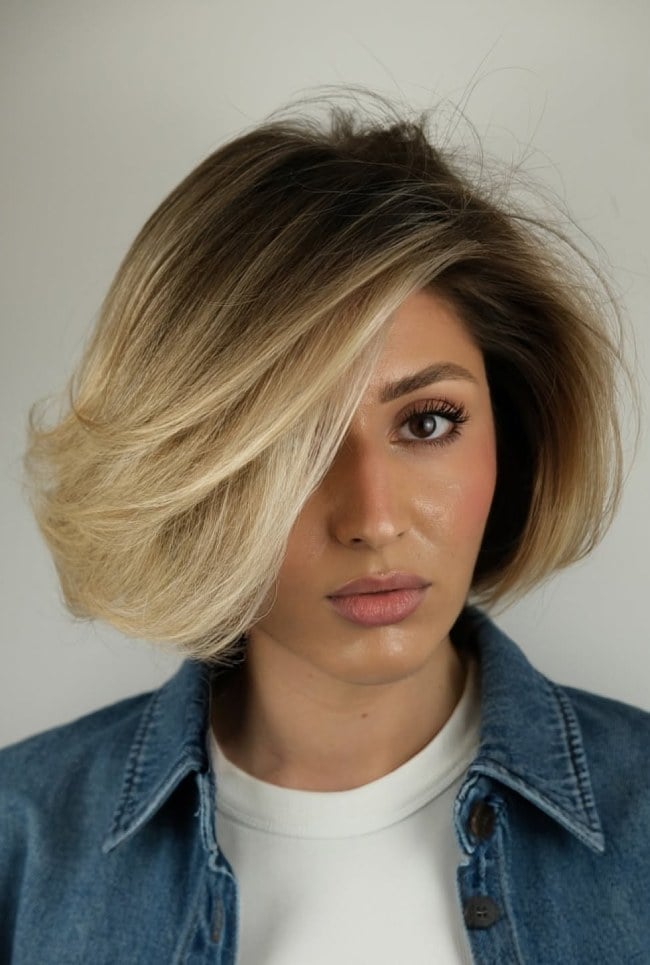 Voluminous Chin Bob With Side-Swept Bangs — Balayage Short Hair