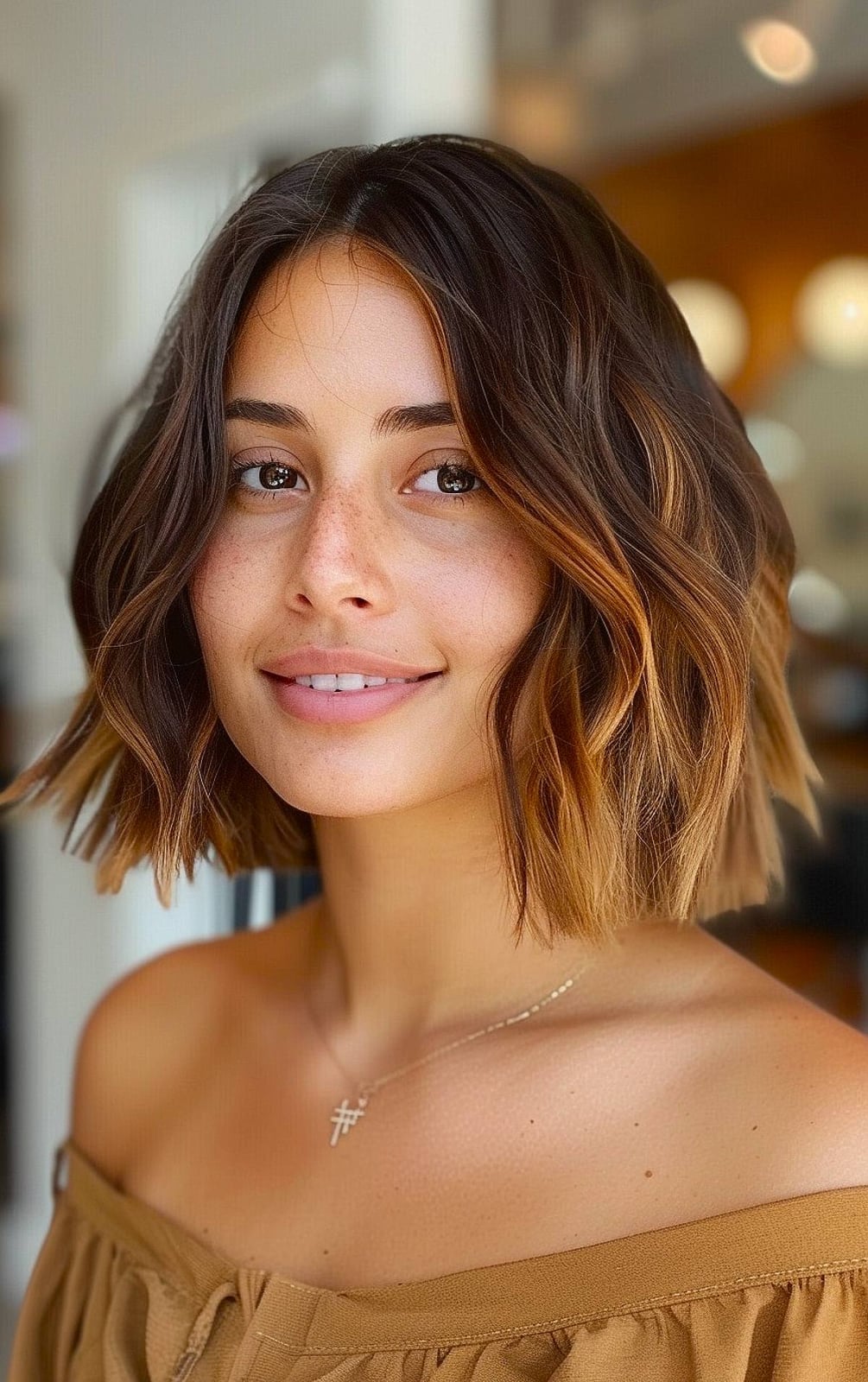 Chin Bob With Dark Brown Balayage, Curtain Bangs — Balayage Short Hair