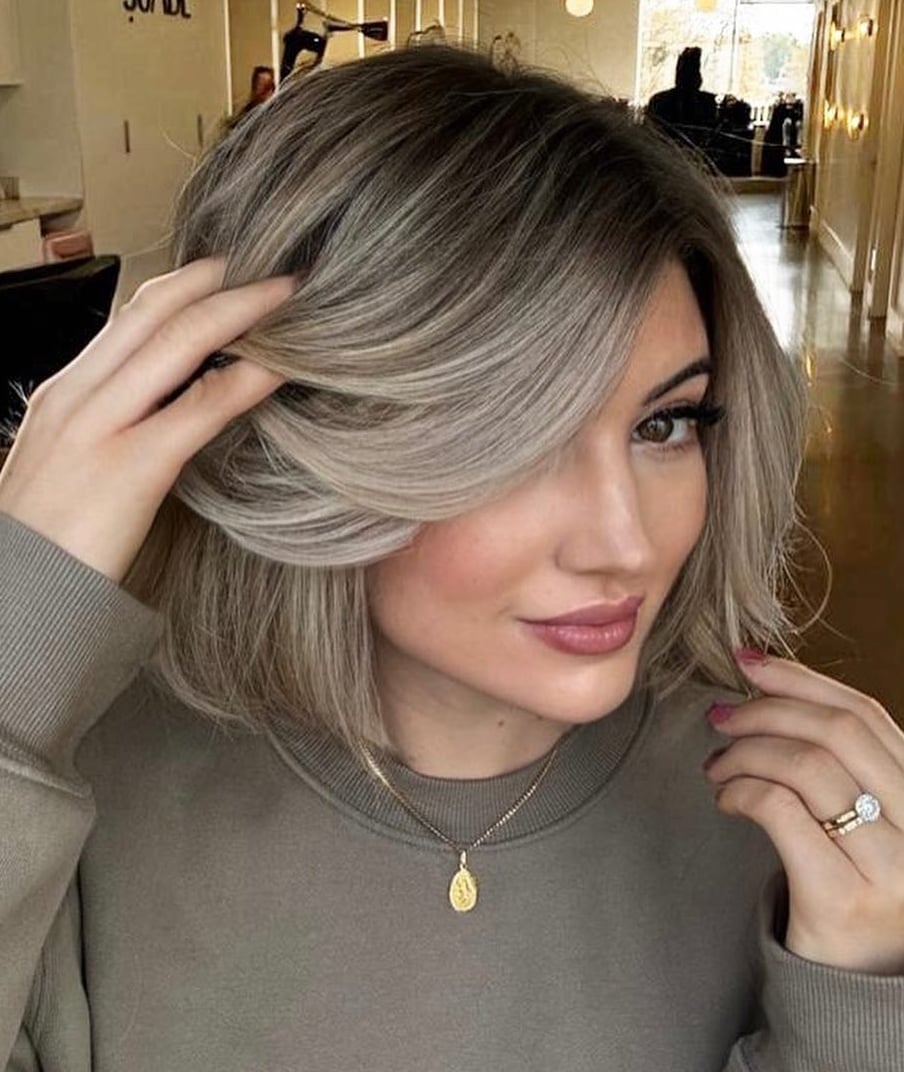 Chin Bob With Ash Blonde Curtain Bangs — Balayage Short Hair