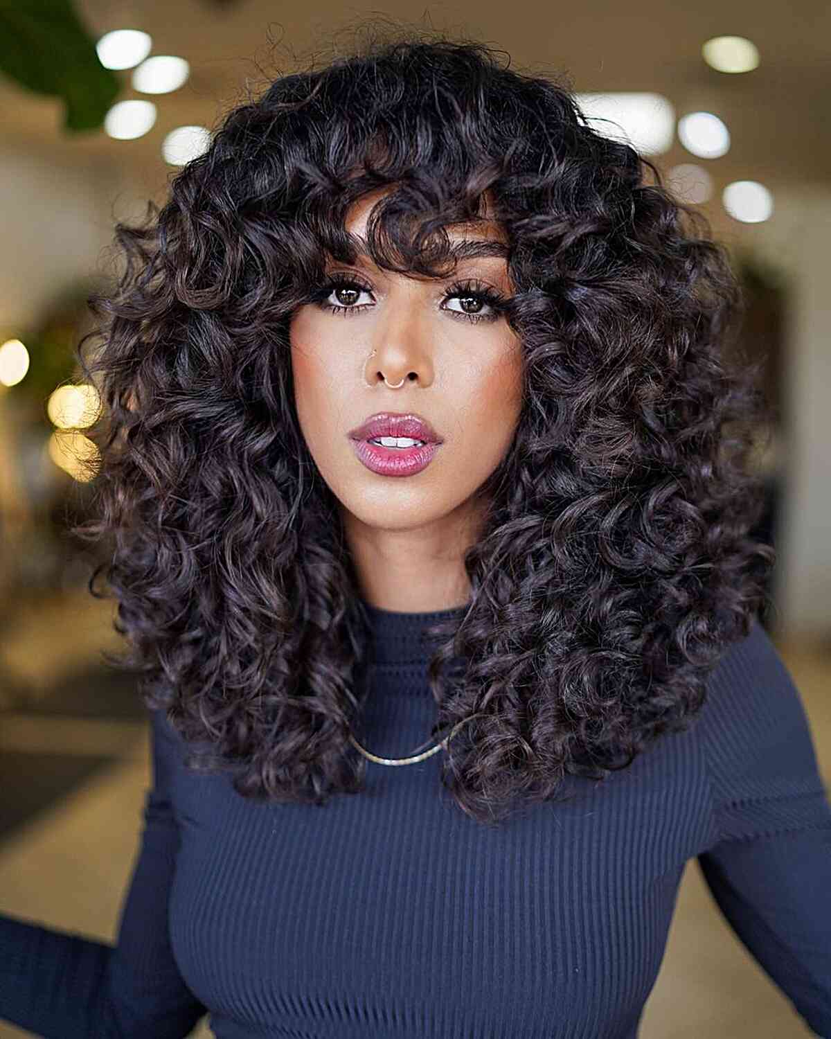 Chin Length Layered Bob With Caramel Highlights — Bangs for Curly Hair