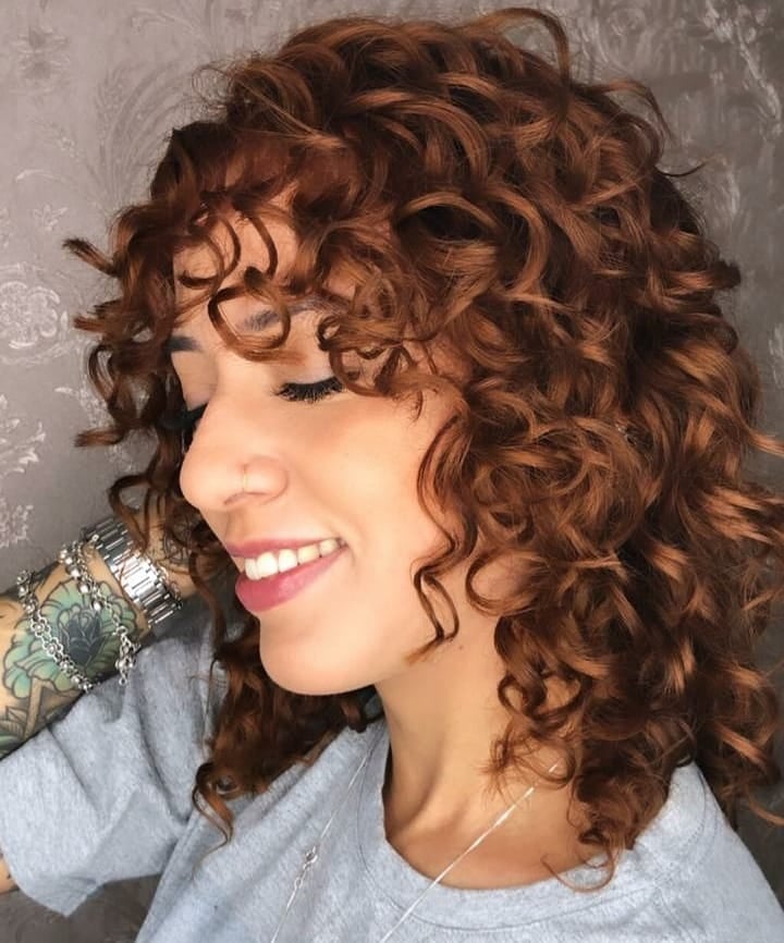 Collarbone Reddish-Brown Curly Hair With Defined Bangs — Bangs for Curly Hair