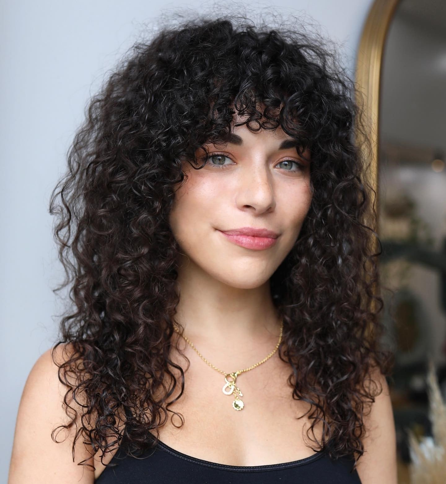 Shoulder Length Dark Brown Curly Hair With Full Fringe — Bangs for Curly Hair
