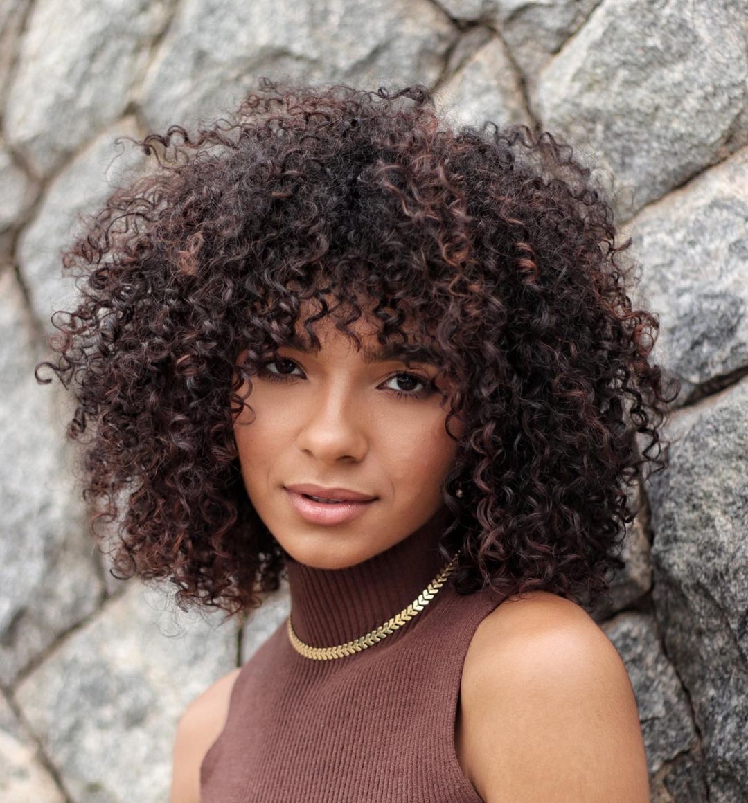 Shoulder Length Dark Brown Hair With Curly Bangs — Bangs for Curly Hair