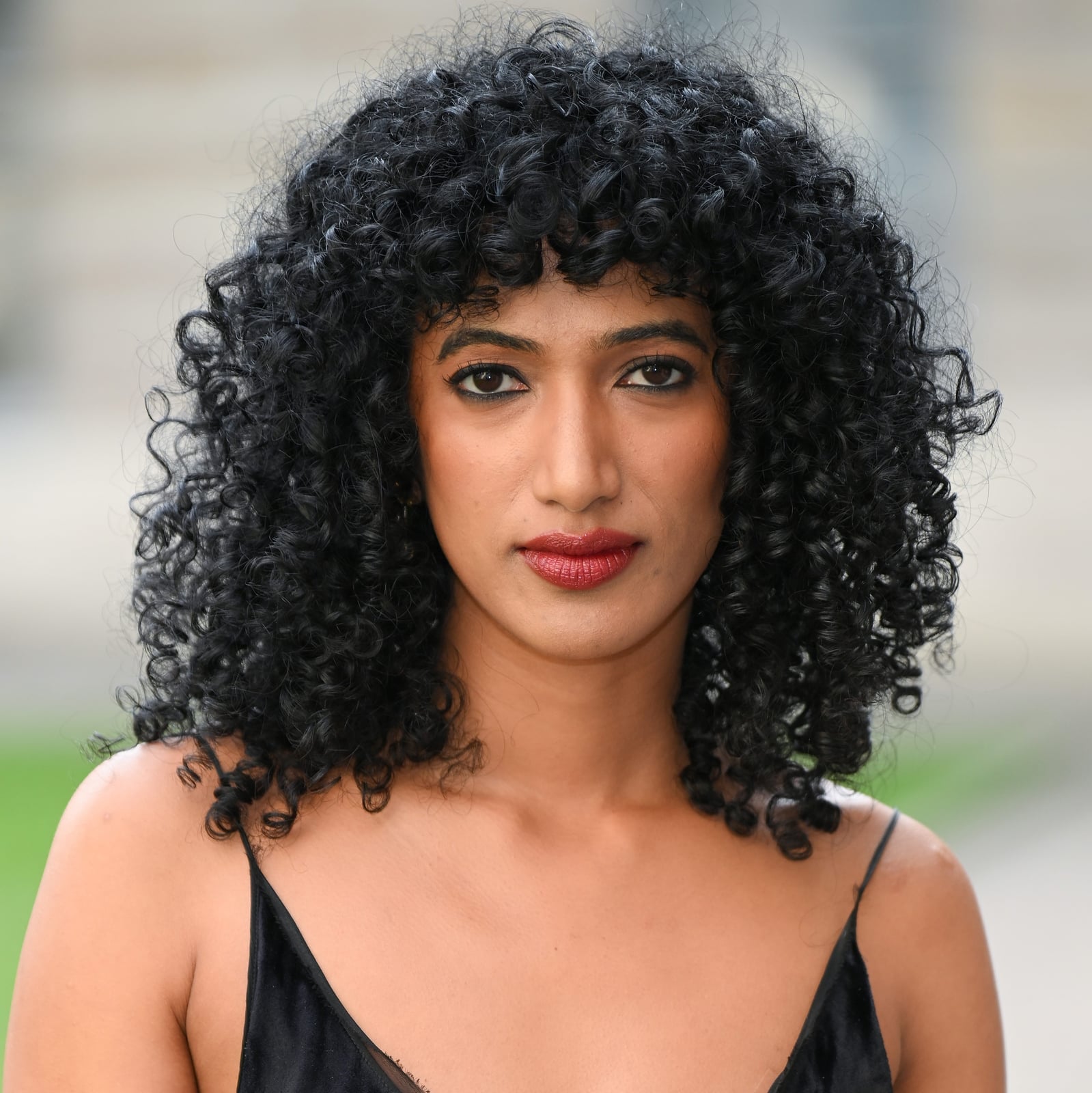 Shoulder Length Black Curly Hair With Curtain Bangs — Bangs for Curly Hair