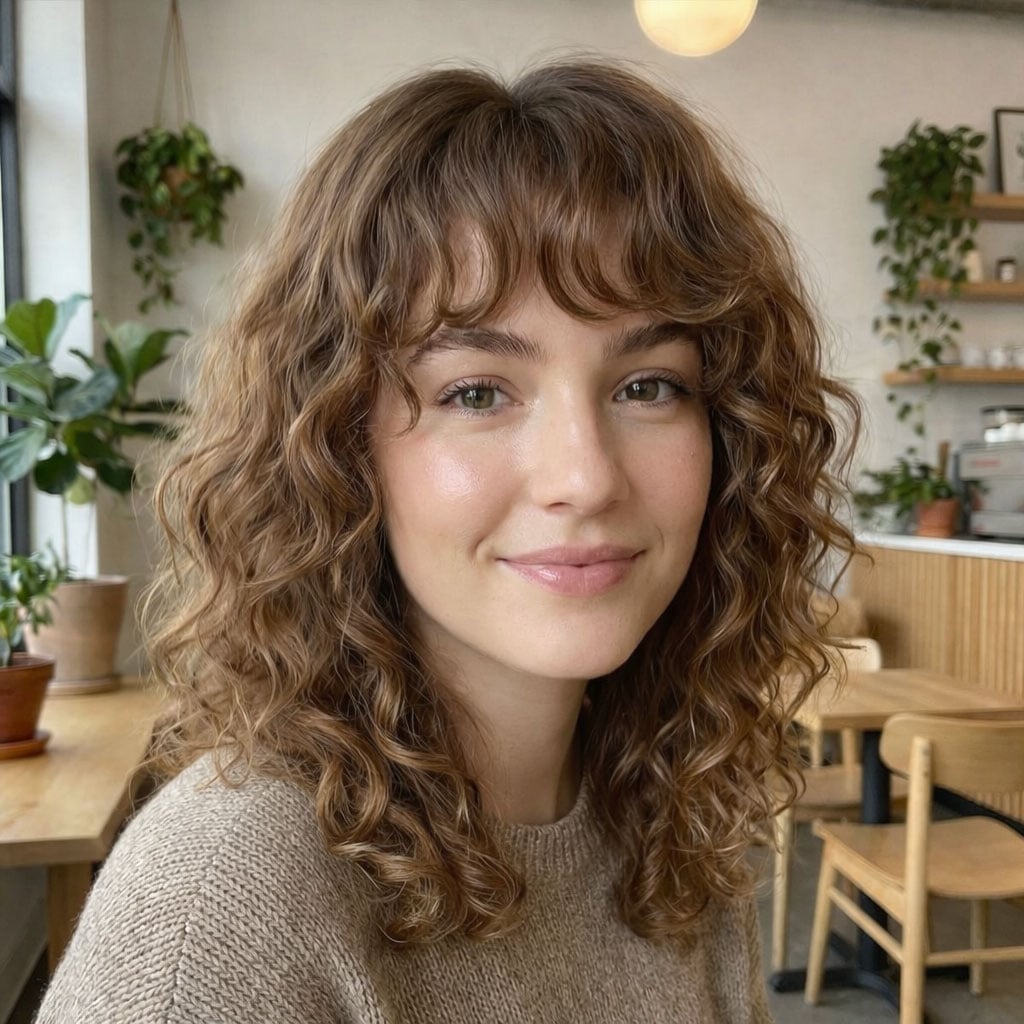 Shoulder Length Medium Brown Curly Hair With Curtain Bangs, Layers — Bangs for Curly Hair