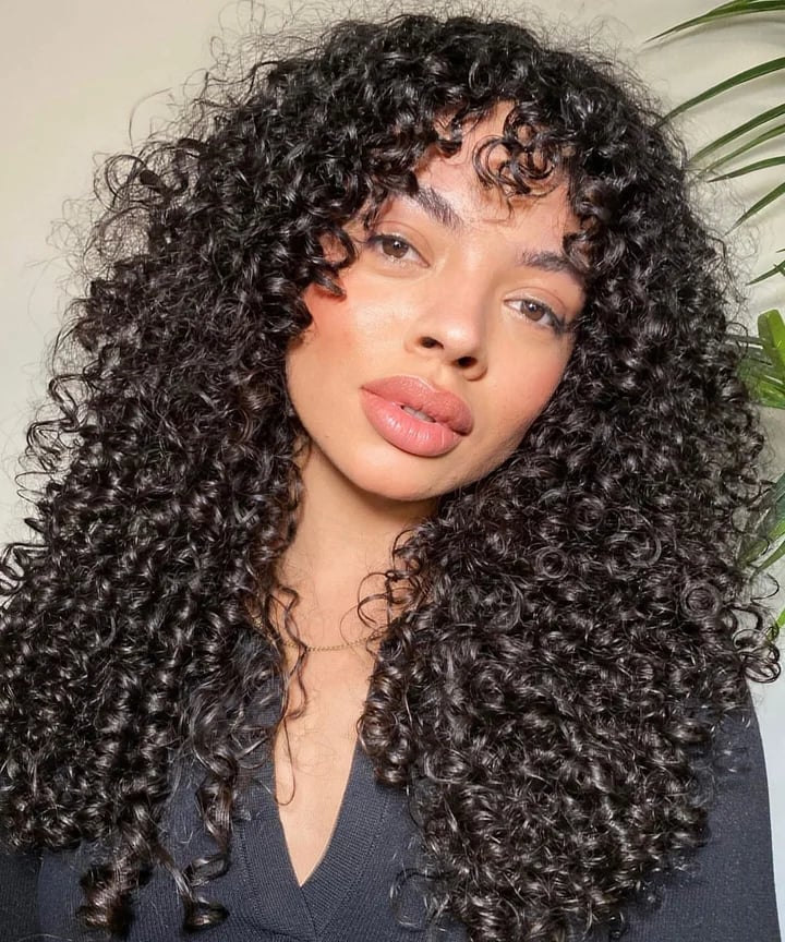 Mid-Back Curly Hair With Wispy Fringe, Dark Brown — Bangs for Curly Hair