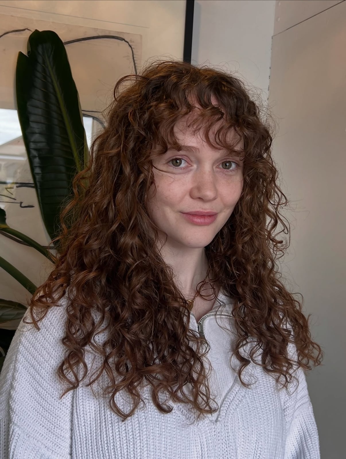 Mid-Back Reddish Brown Curly Hair With Wispy Bangs — Bangs for Curly Hair