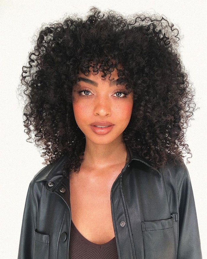 Mid-Back Black Curly Hair With Voluminous Curls — Bangs for Curly Hair