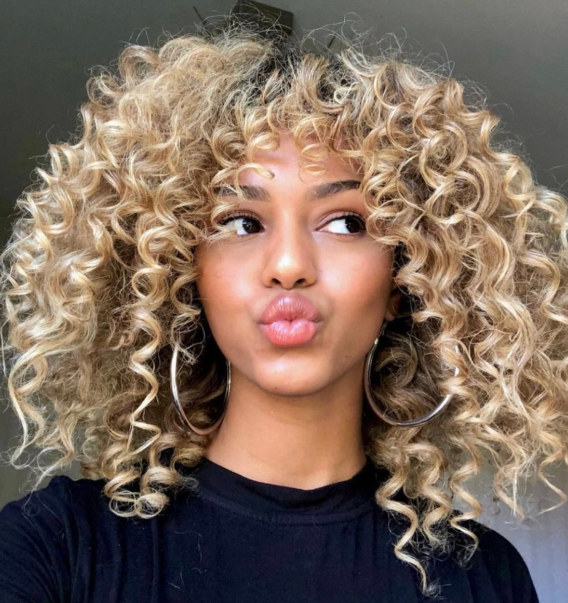 Collarbone Dark Brown Curly Hair With Soft Curtain Bangs — Bangs for Curly Hair
