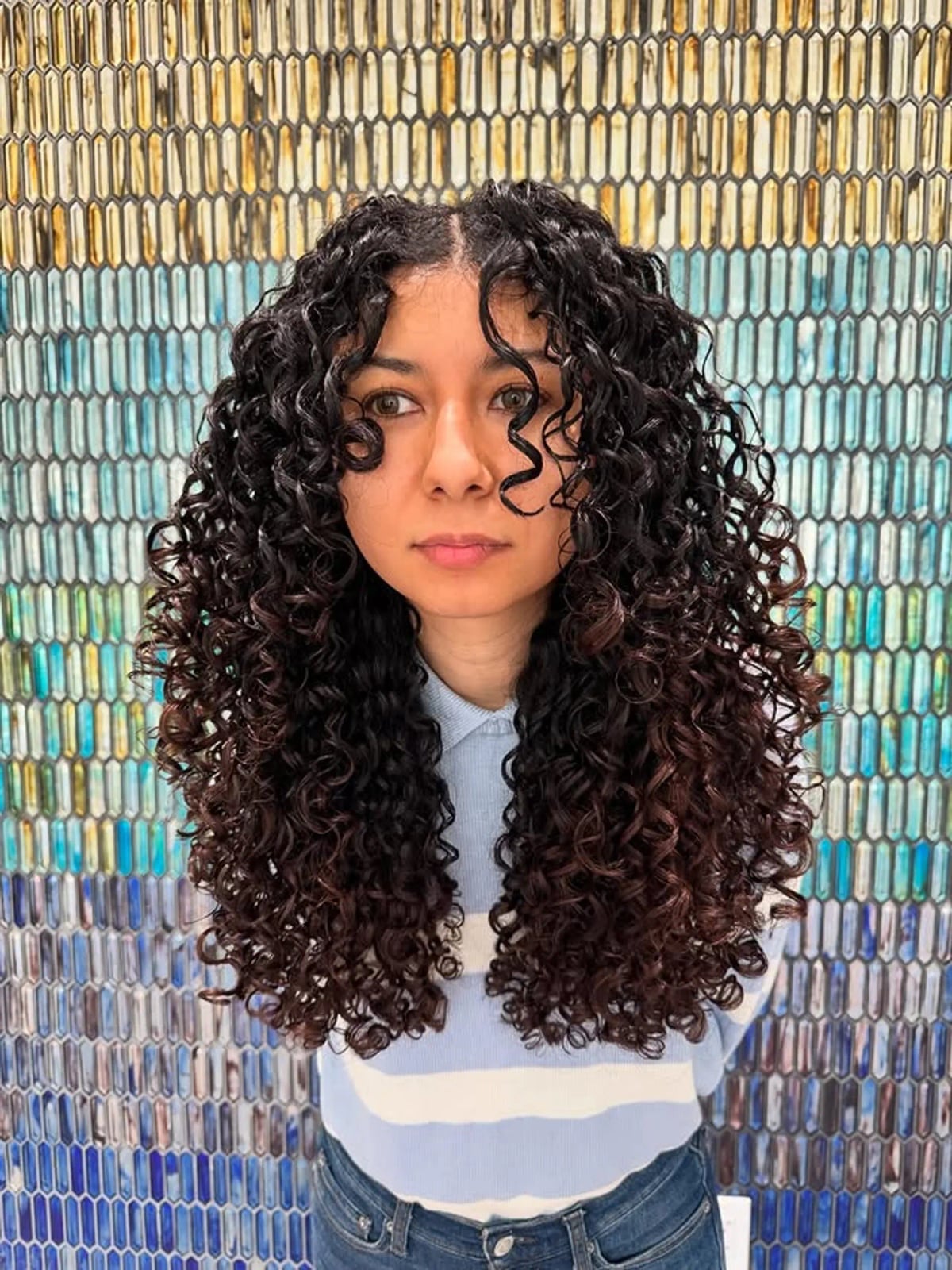 Collarbone Curly Hair With Wispy Curtain Bangs — Bangs for Curly Hair