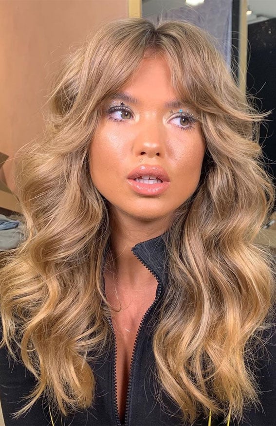Honey Blonde Highlights With Curtain Bangs — Bardot Bangs