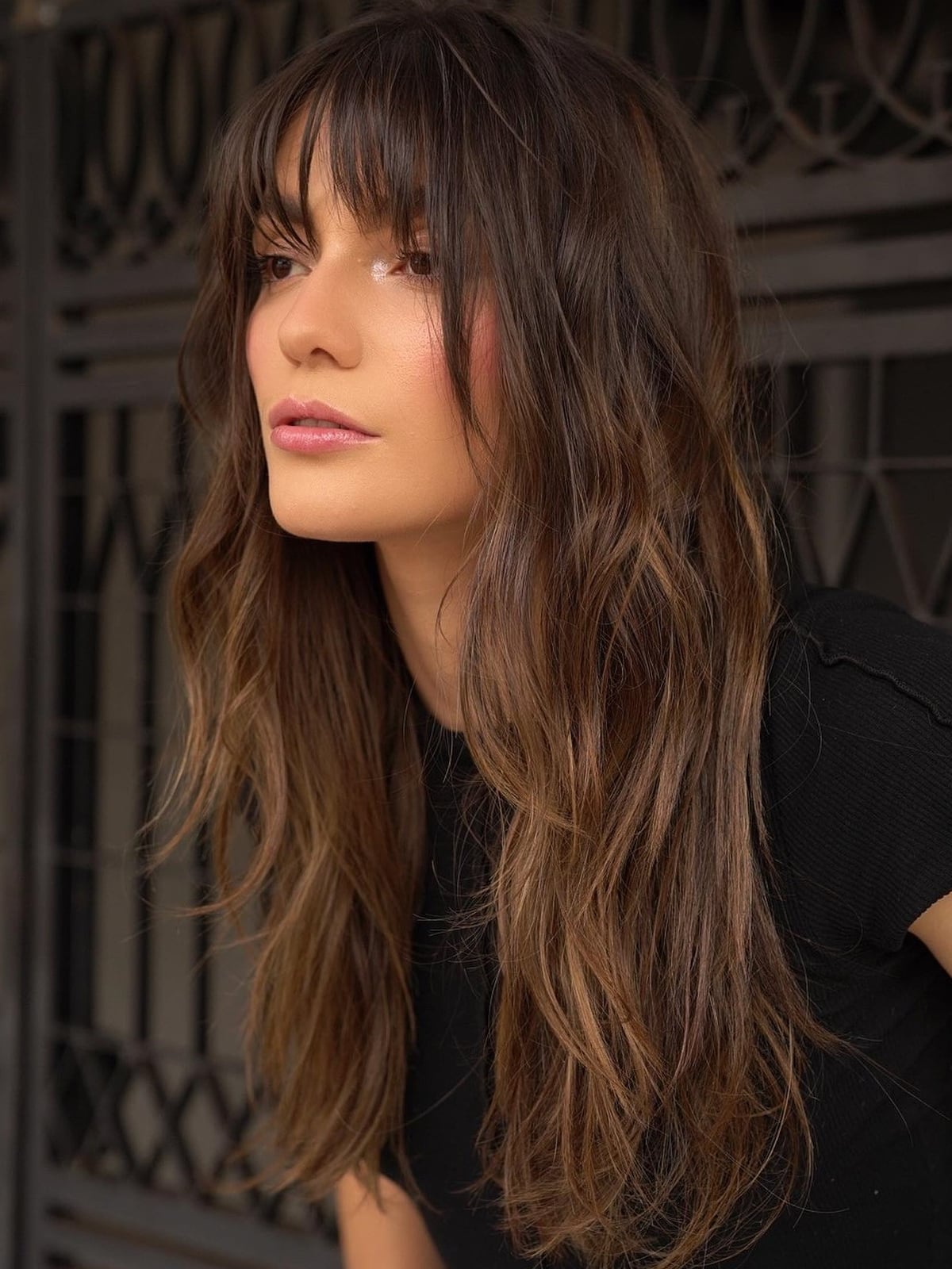 Dark Blonde Balayage With Face-Framing Layers — Bardot Bangs