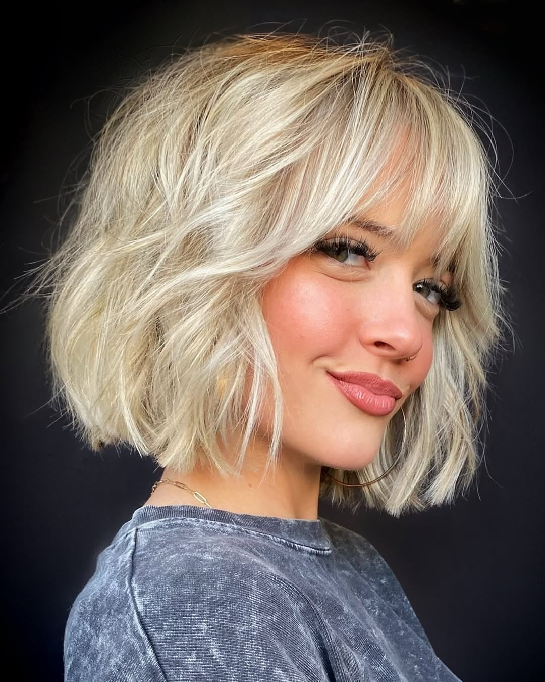 Ash Blonde Bob With Textured Curtain Bangs — Bardot Bangs