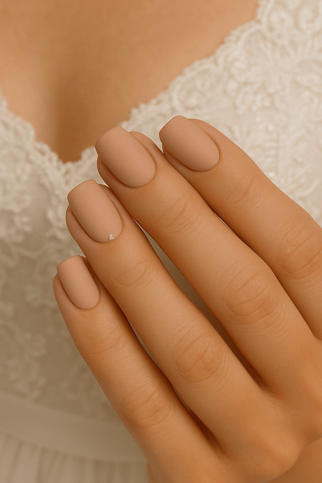 Matte Beige Single Rhinestone Short Oval Nails — Beige Nails