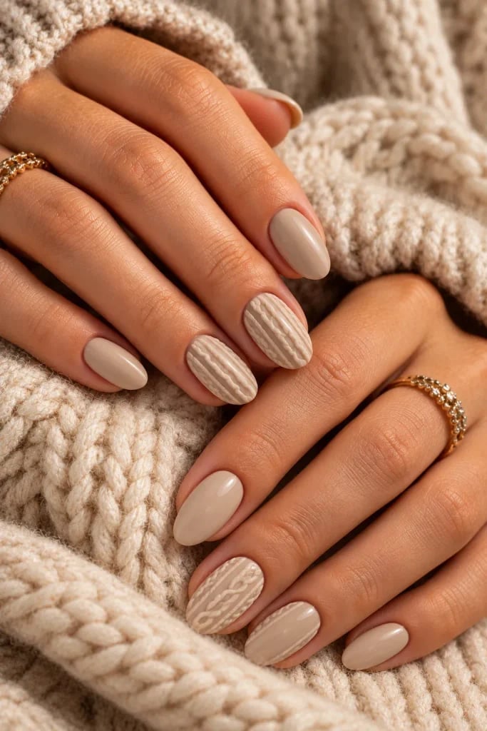 Neutral Beige Matte Knit Pattern Short Oval Nails — Beige Nails