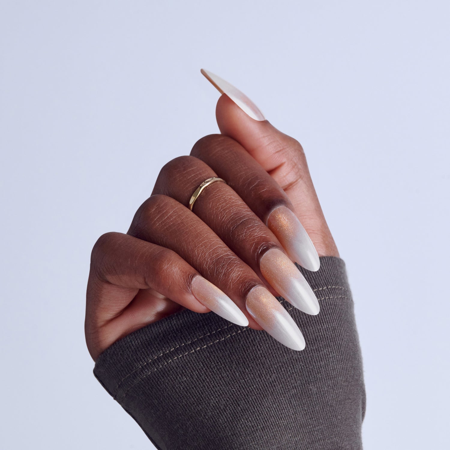 Milky White Pearlescent Beige Shimmer Long Almond Nails — Beige Nails