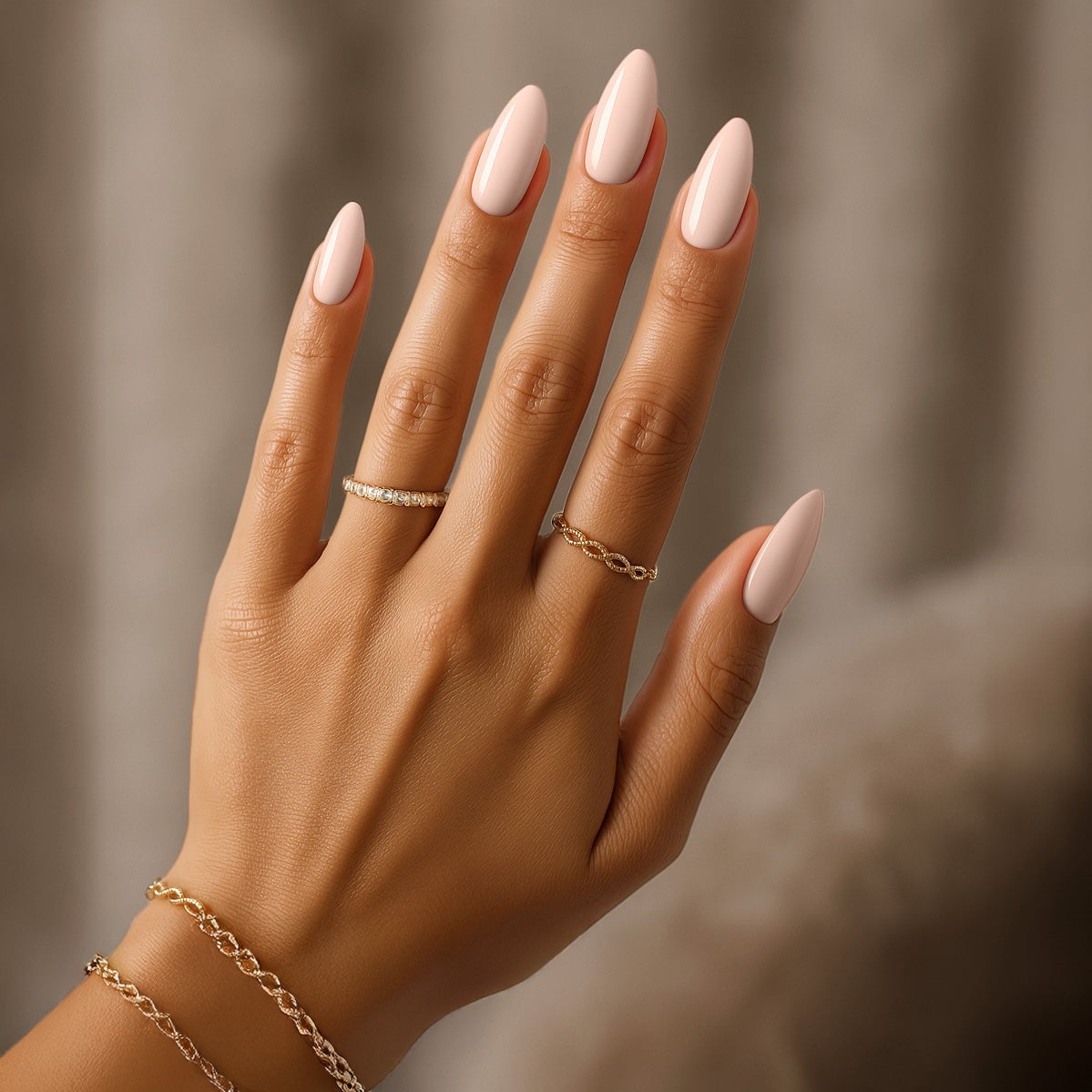 Soft Peachy Beige Glossy Long Oval Nails — Beige Nails