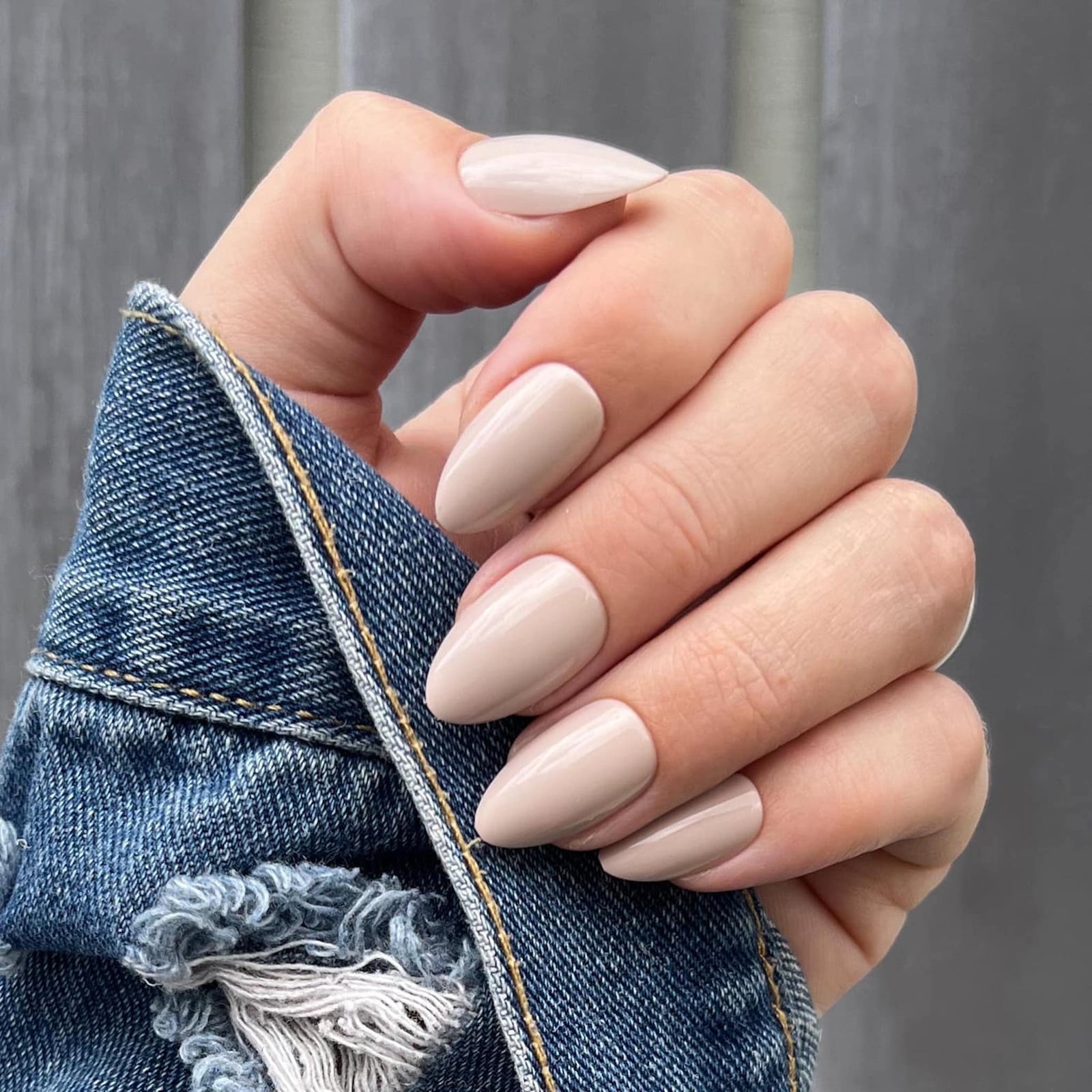 Opaque Light Beige Glossy Medium Almond Nails — Beige Nails
