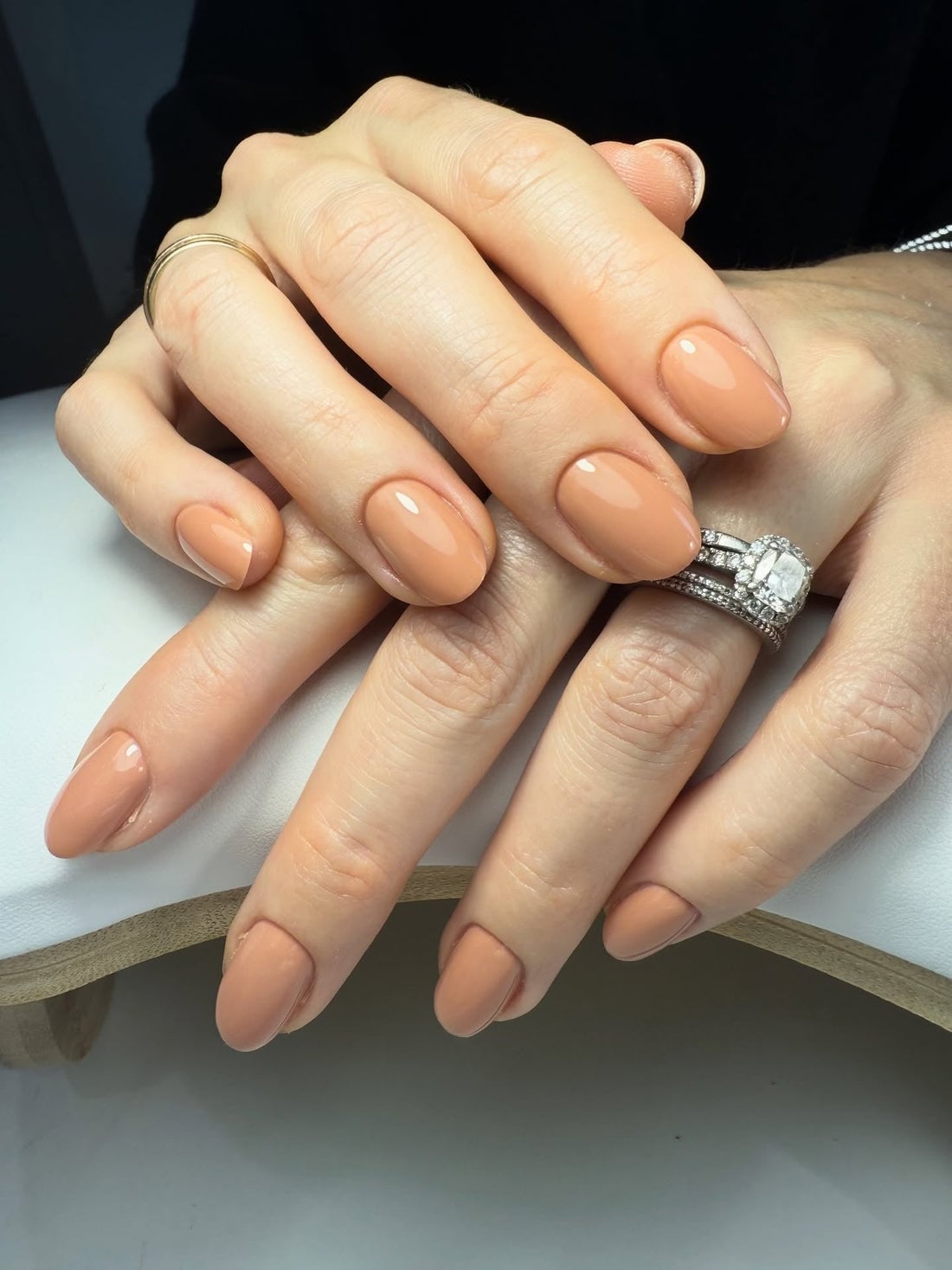 Warm Peachy-Beige Glossy Medium Almond Nails — Beige Nails