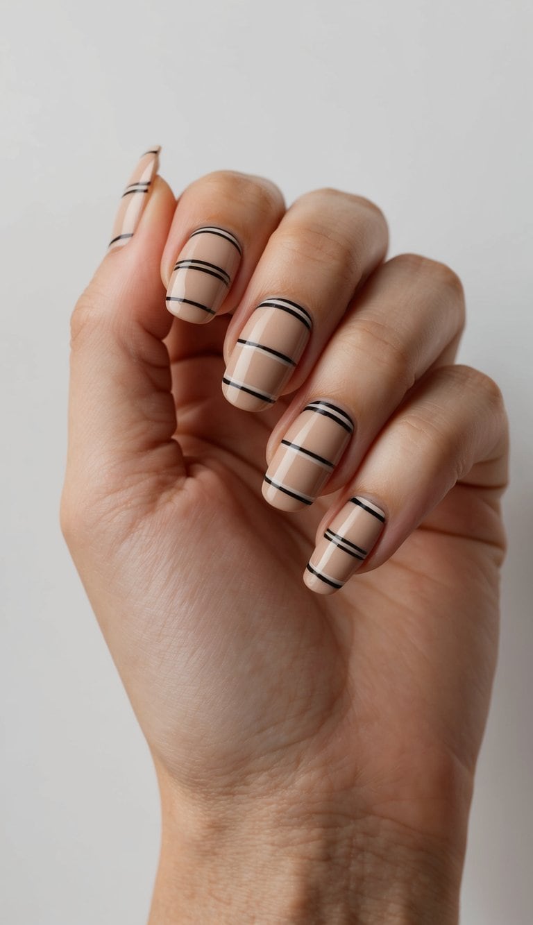 Nude Base Black Line Glossy Medium Square Nails — Beige Nails