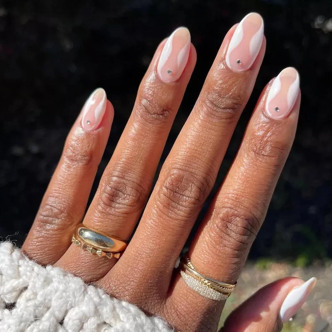 Clear Base Abstract Swirl Glossy Medium Oval Nails — Beige Nails