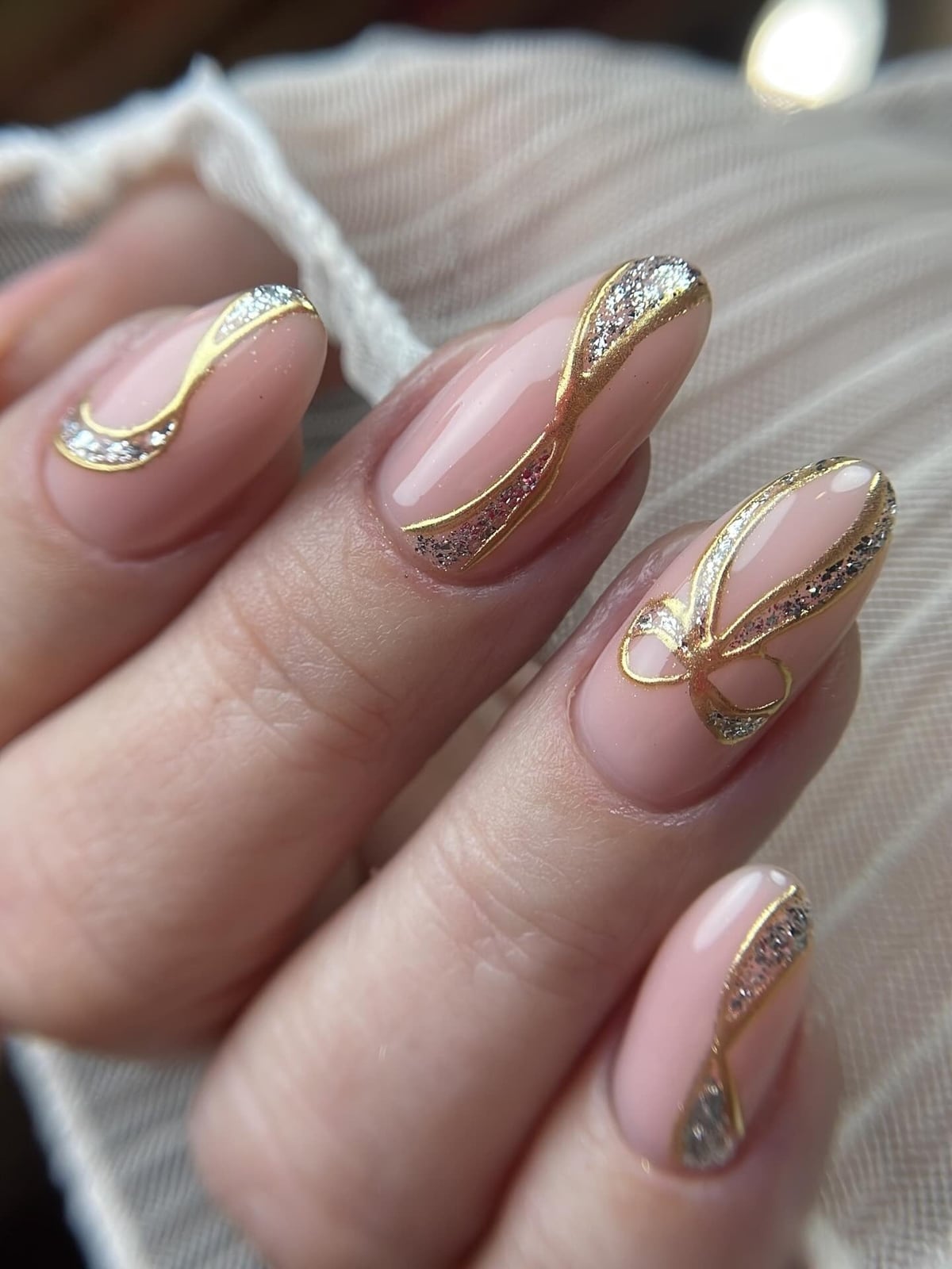 Sheer Pink Gold Ribbon Glossy Medium Oval Nails — Beige Nails