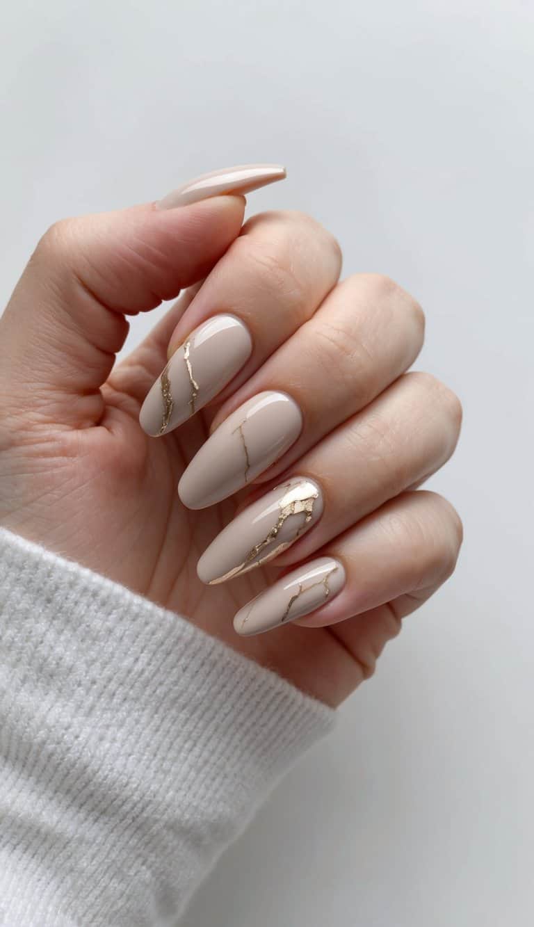 Neutral Beige Gold Foil Marble Medium Almond Nails — Beige Nails