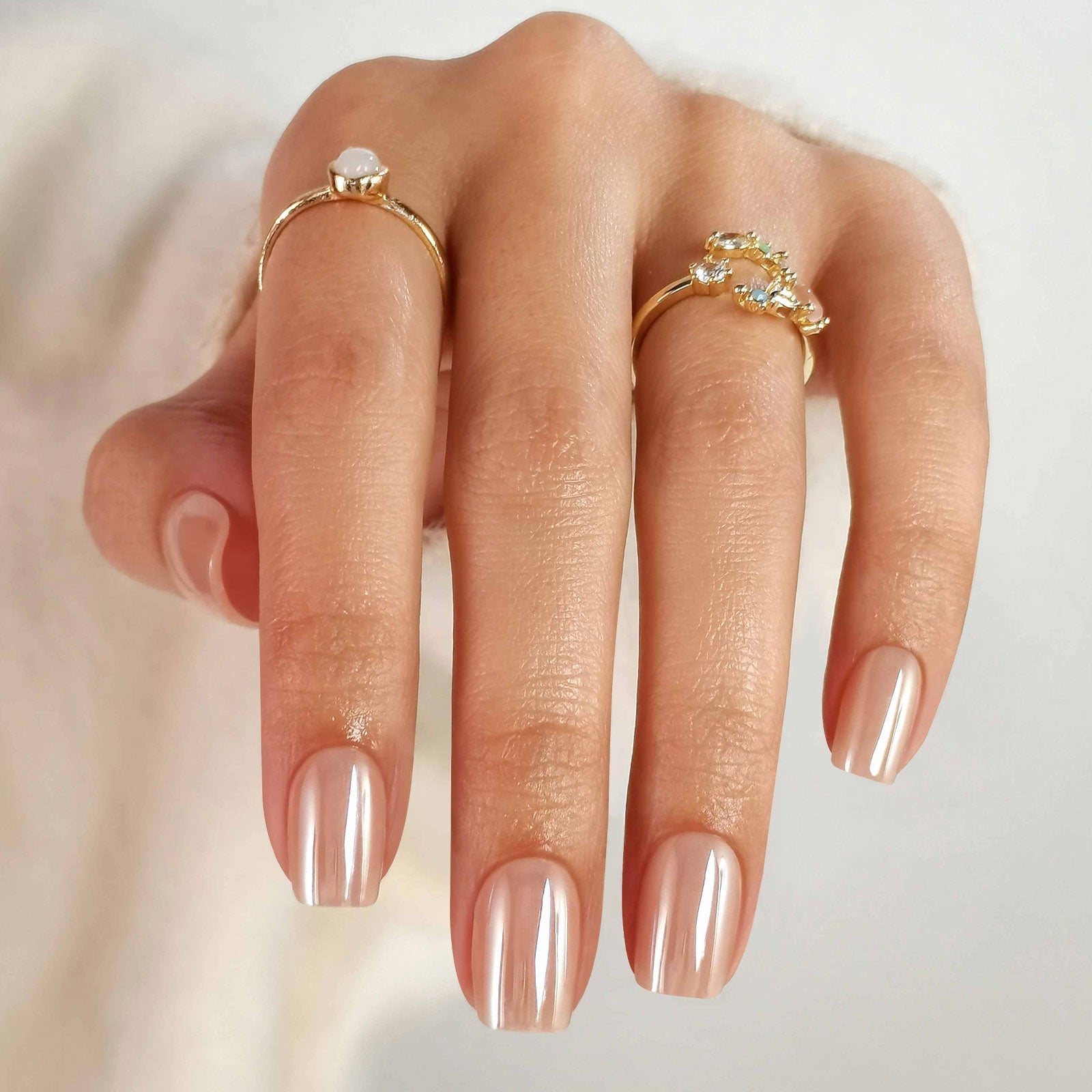 Beige Glazed Aurora Short Square Nails — Beige Nails