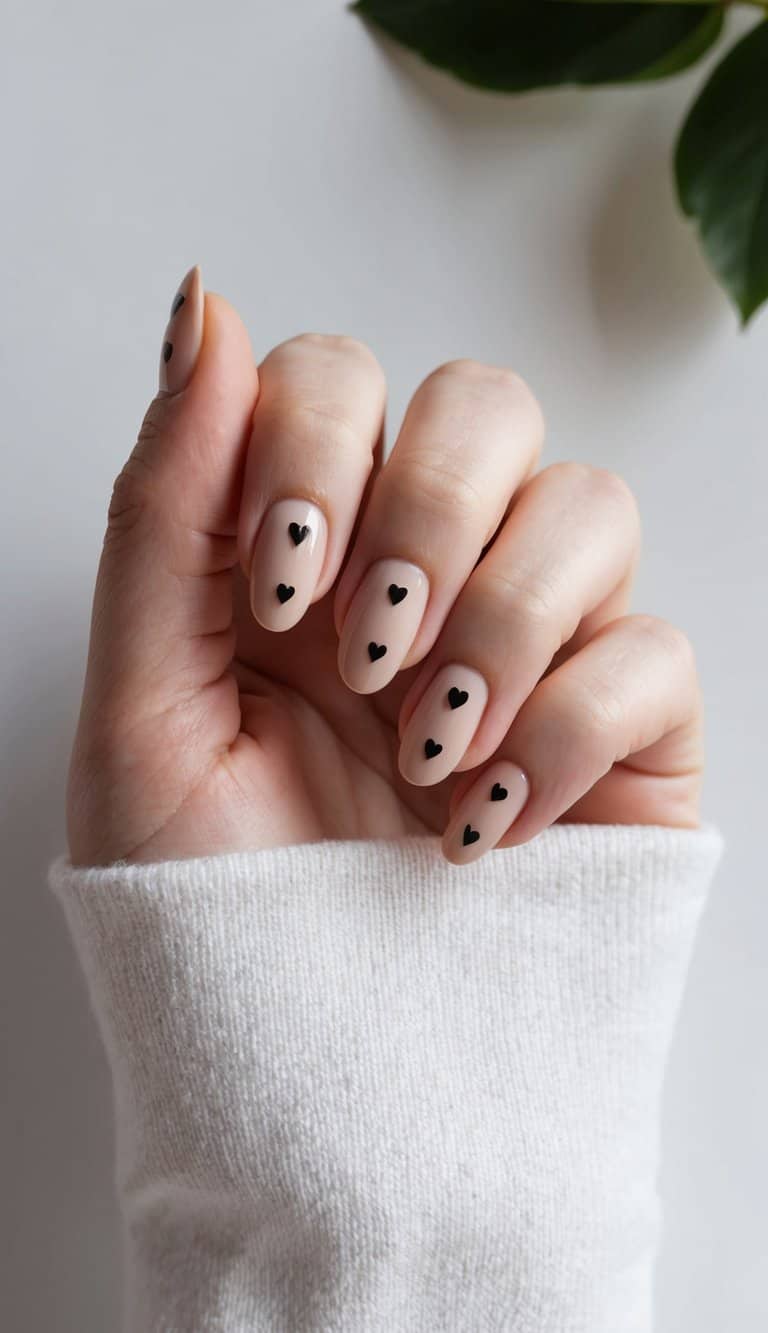 Light Beige Black Heart Glossy Short Almond Nails — Beige Nails